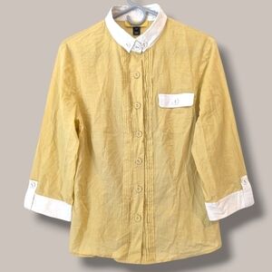 St. John Yellow Sheer Cotton 3/4 Sleeve Pintuck Button-Up Shirt Workwear Office